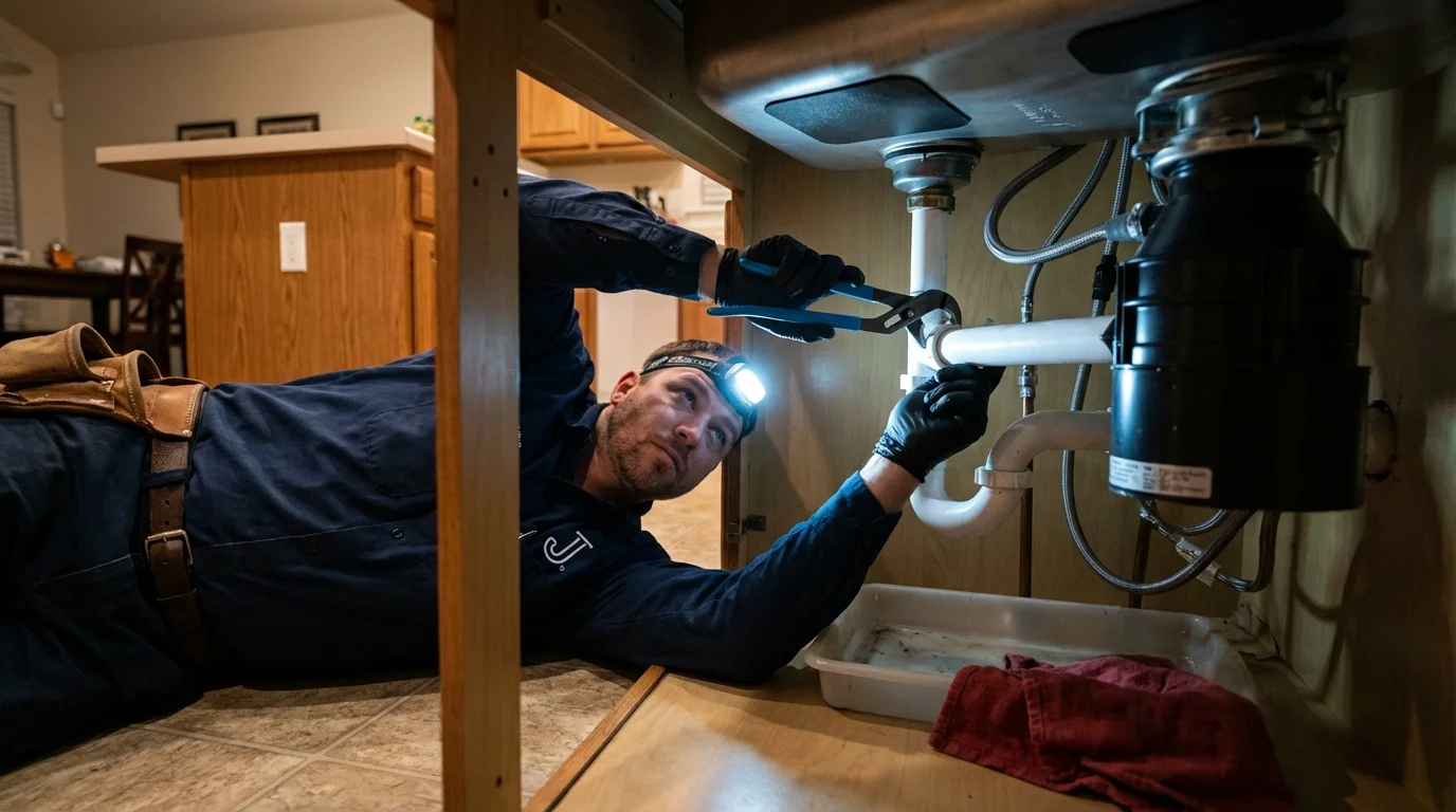 P-trap and supply line connections under a kitchen sink showing a common leak point in Dalton, PA